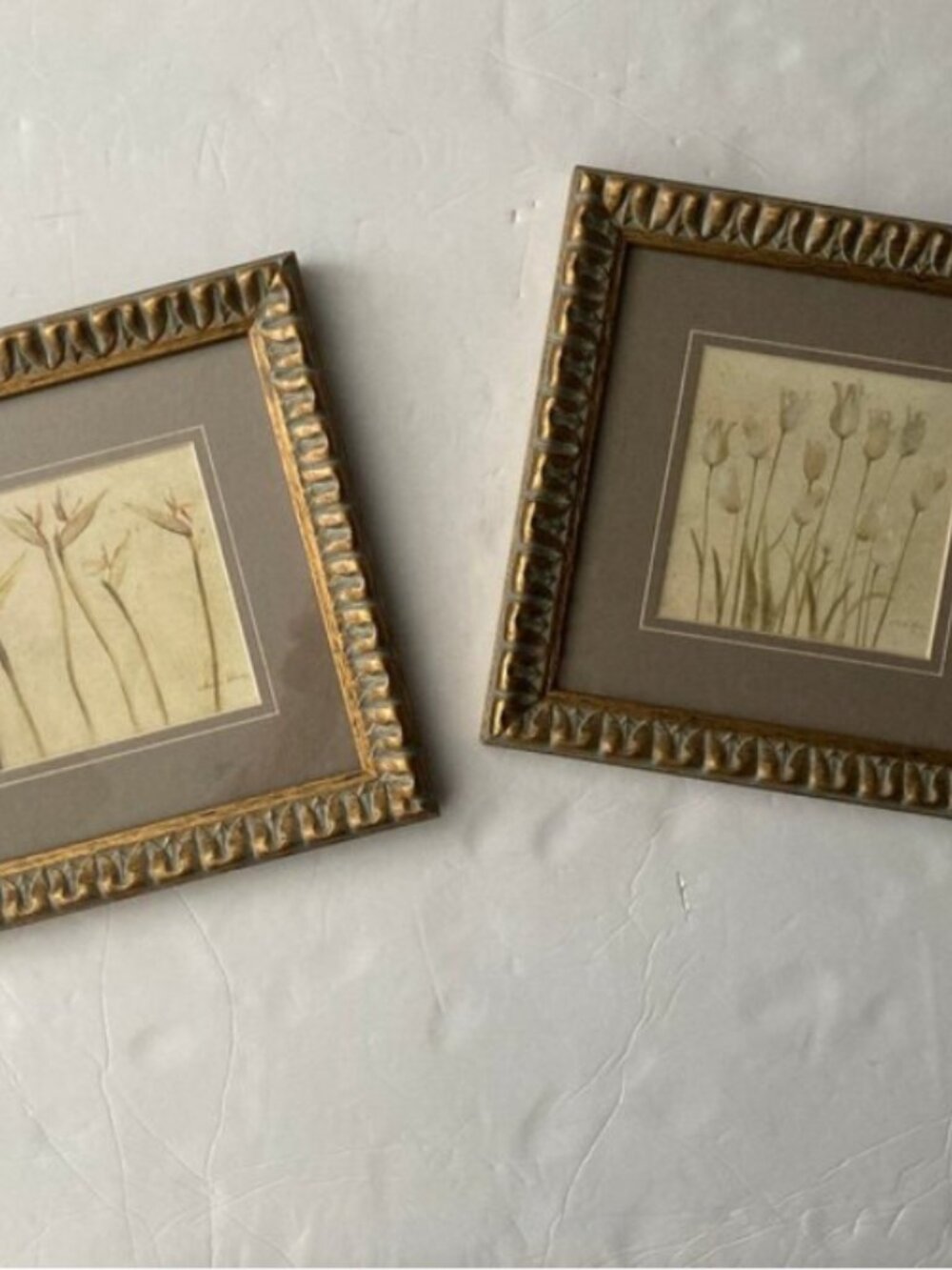 Cheri Blum Matted Florals Gold Gray Wooden Frames 8.5" x 8.5"